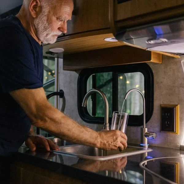 Person filling water bottle from an RV faucet