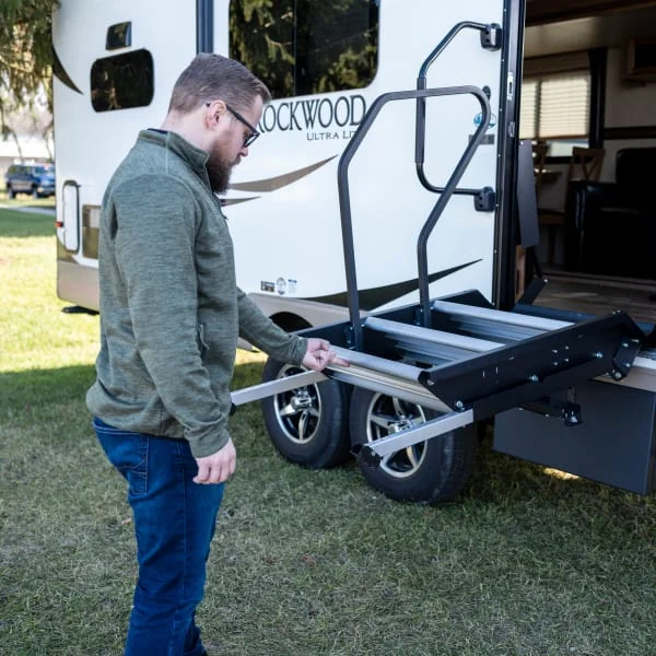 RV steps easily unfold to get inside camper
