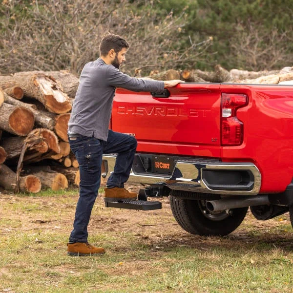 CURT towing hitch steps provide your truck with a convenient and comfortable step for entering the truck bed.