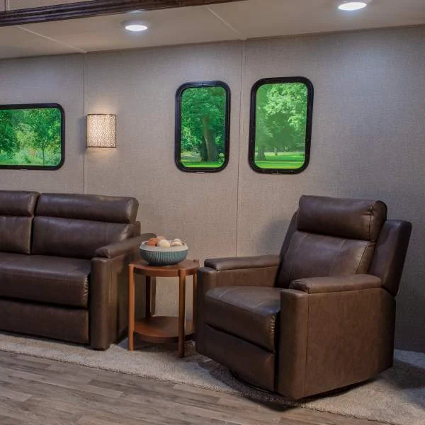 RV tri-fold sofa and RV glide recliner