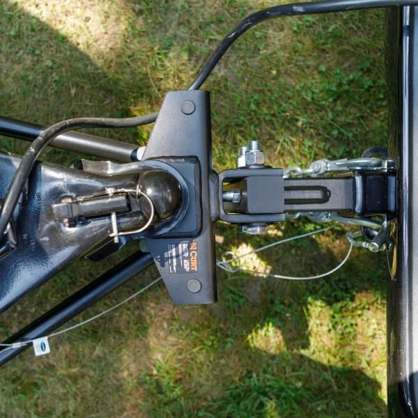 CURT weight distribution hitch coupled to trailer tongue