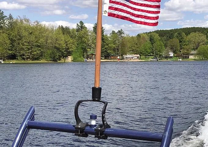 KW Series Boat Flag Pole on Back of Pontoon Boat KW Series Boat Flag Pole on Back of Pontoon Boat