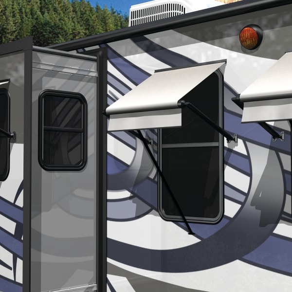 RV window with white awning