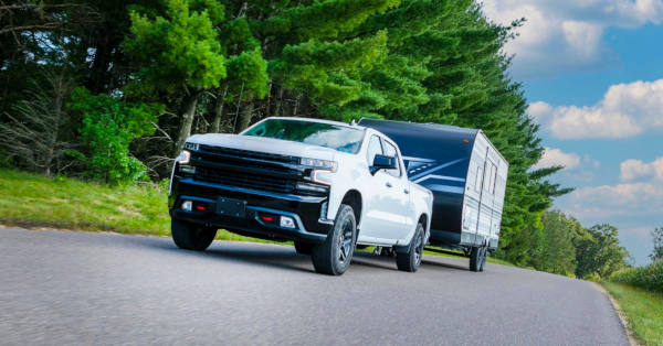Chevrolet Truck Towing Travel Trailer RV Camping Woods