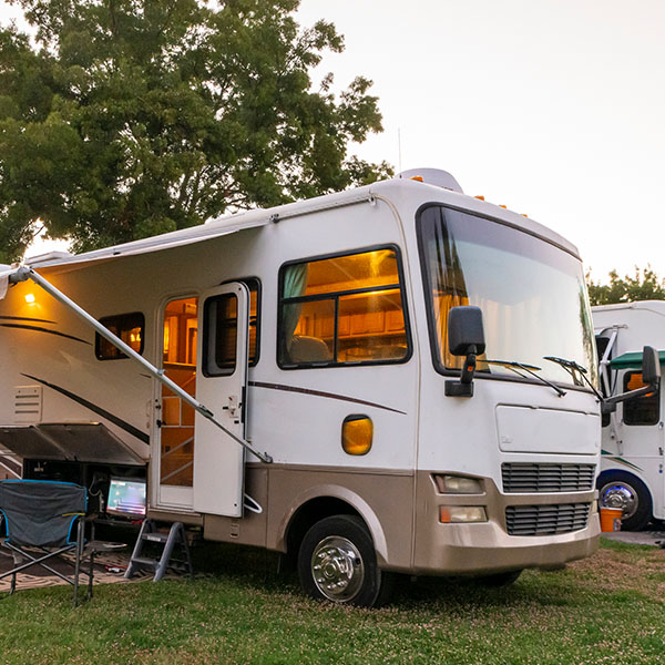 Class A Motorhome Parked Entry Door Dusk