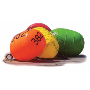 Orange, red, yellow and green commercial buoys
