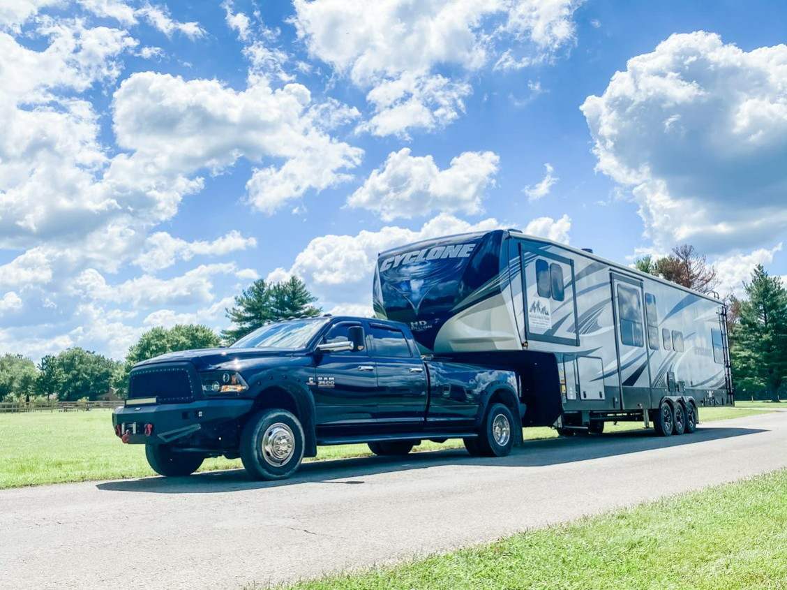 Ram truck towing large 5th wheel camper