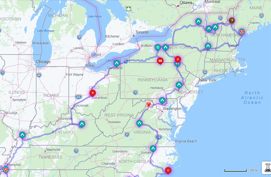 Map of east coast RV driving route