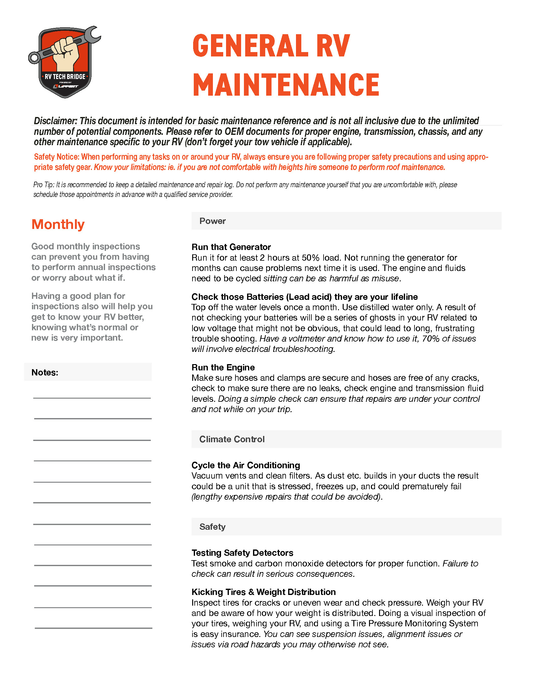 RV maintenance checklist and RV service menu