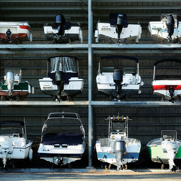 Winterized boats stored on a boat rack