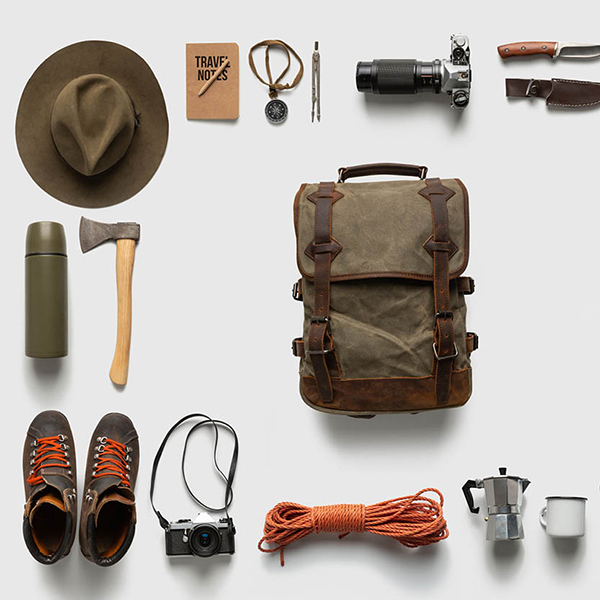 Boat camping gear, backpack, rope, hat, compass