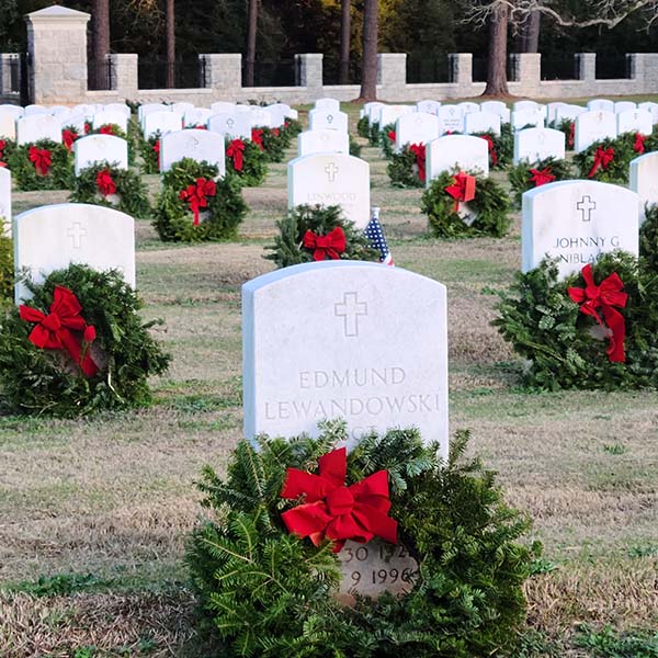 Wreaths on gravestones at Andersonville National Historic Site