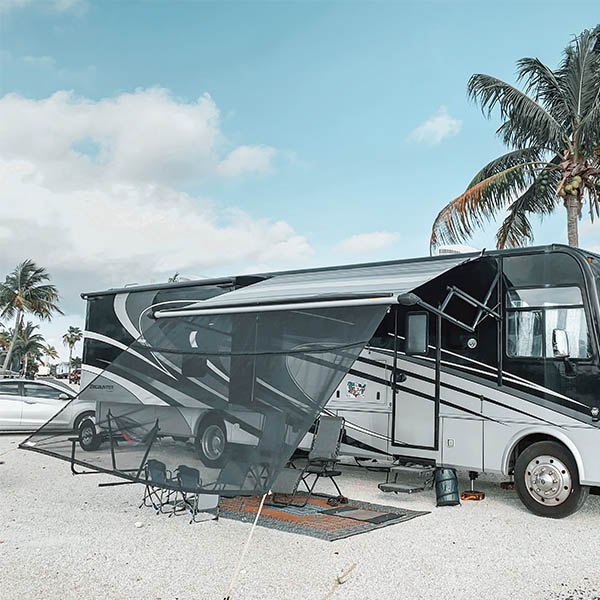 Folded out RV awning