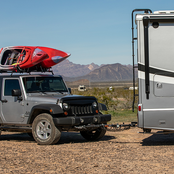 RV Dinghy Towing a Wrangler with Tow Bar RV Dinghy Towing a Wrangler with Tow Bar