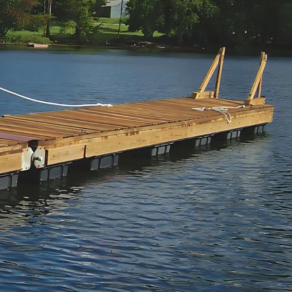 Floating boat dock featuring dock floats